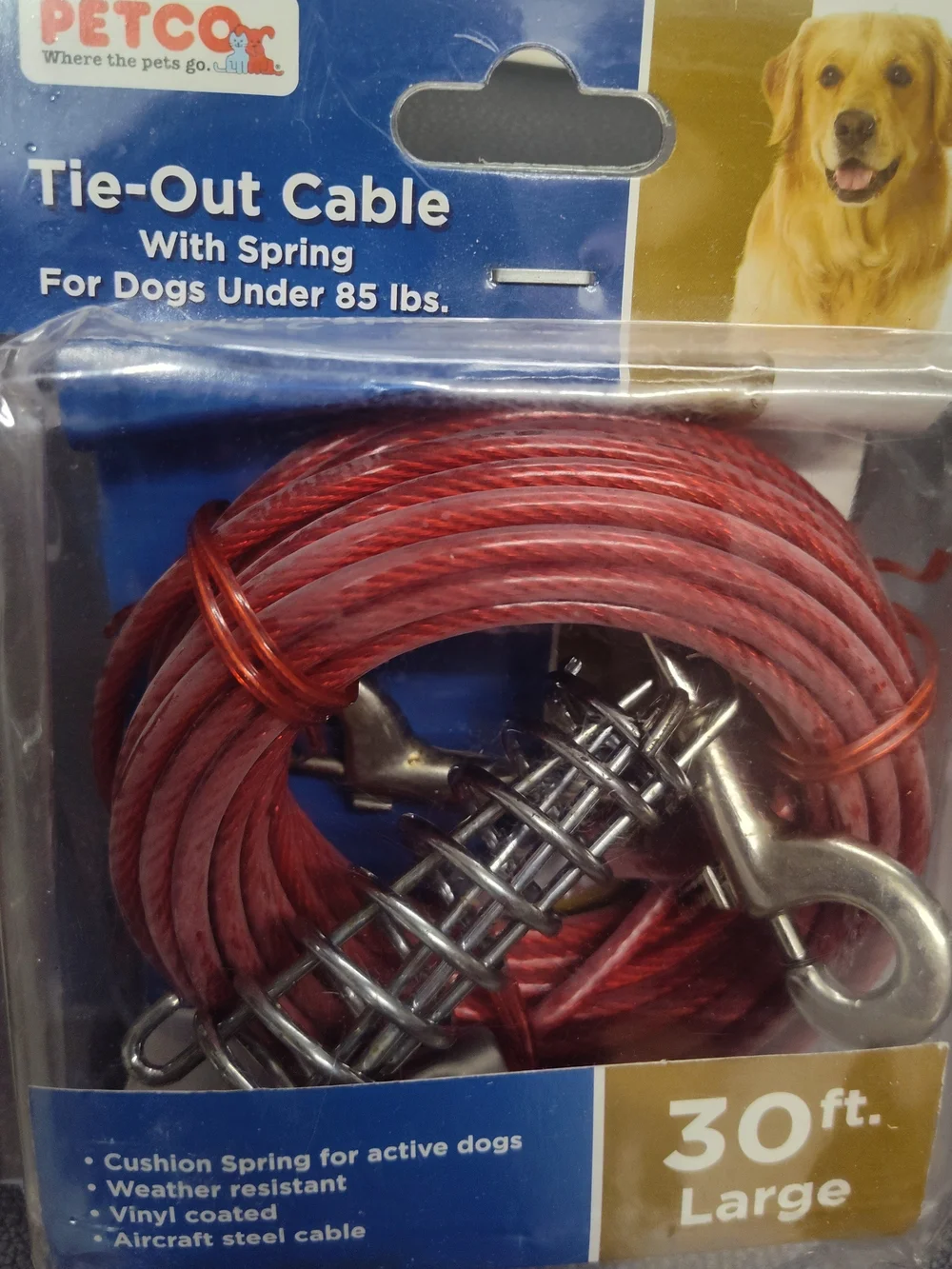 30 ft Red Tie-Out Cable with Spring - Large